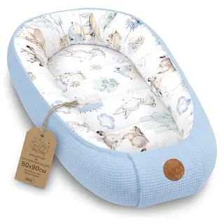 Babynest für Neugeborene - Zweiseitiges Baumwoll-Kokon 50x90 cm mit Tiermotiven in Blau