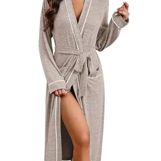 Ekouaer Damen Bademantel Waffel Kurz mit Gürtel, Khaki, S