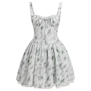 Odizli Damen Sommer Kleid Elegant Sexy Ärmellos Spaghettiträger Blumenkleid Spitze Minikleid Hochzeitsgast Cottagecore Weiß Grün M