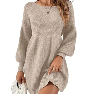 Saodimallsu Damen Strickkleid mit Puffärmeln, hoch tailliert, A-Linie, Minikleid, elegant, aprikose