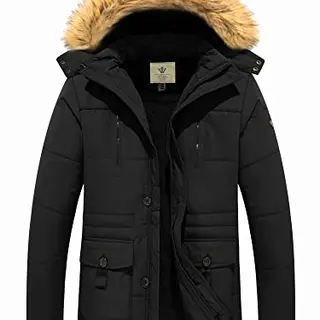 WenVen Herren Fleece Parka Jacke mit Kapuze - Outdoor Sportmantel Schwarz
