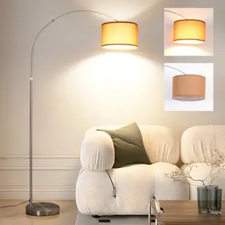 ANTENLICHT LUNA Bogenlampe Vintage | Stehlampe Silber mit braunem Stoffschirm für Wohnzimmer und Schlafzimmer