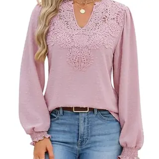 Fashora Damen Bluse mit Langarm V-Ausschnitt und Spitze, Rosa, S