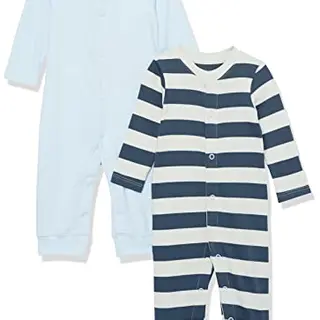 Amazon Essentials Unisex Baby Fußloser Overall, 2er-Pack, Blau Streifen