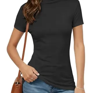 Cuptacc Damen Basic Kurzarm Rollkragen T-Shirt Schwarz S