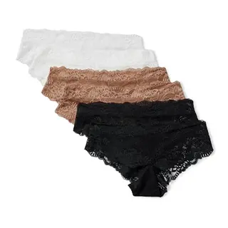 Amazon Essentials Damen Stretch-Höschen mit Galonspitze, 6er Pack, verschiedenen Stilen (Bikini, Hipster, Tanga, High Waist), gewaschene Bronze/Schwarz/Weiß, Größe 40