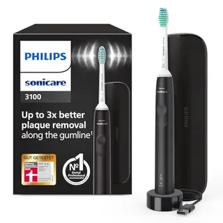 Philips Sonicare 3100 elektrische Zahnbürste, Schallzahnbürste, mit Andruckkontrolle & Timer, Schwarz, Reiseetui