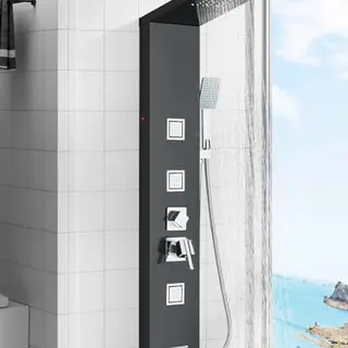 Schwarze Hydromassage-Duschsäule mit 5 Funktionen, LED, Edelstahl, Regen- und Wasserfall-Dusche, Handbrause, Massagedüsen für das Bad