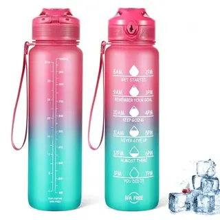 jjshund 1L Auslaufsichere Trinkflasche mit Zeitmarkierung - BPA-frei für Sport, Fitness und Camping - Rosablau