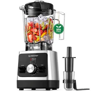 AMZCHEF Hochleistungs-Standmixer 1800W mit 2L Tritan-Behälter, 6 Edelstahlklingen, 9 Geschwindigkeiten, Automatikprogramme, spülmaschinenfest, Silber/Schwarz