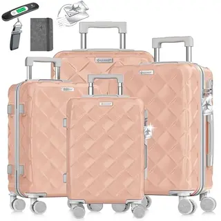 KESSER® Reisekoffer Set 4-teilig mit Zahlenschloss, Kofferwaage & Brieftasche – 360° Rollen, Handgepäck & großer Koffer, Nude Grey