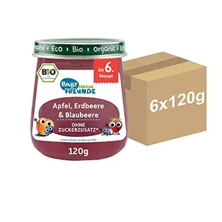 BABY FRECHE FREUNDE Bio Apfel-Erbeere-Blaubeere Gläschen, für Babys ab 6 Monaten, vegan, 6er Pack