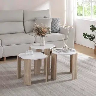 Set aus 3 rechteckigen Wohnzimmertischen in Weiß und Eiche-Optik