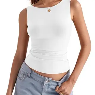 shownicer Damen U-Boot Ausschnitt Tank Top Sommer Slim Fit Ärmellos Basic Oberteil Weiß XS