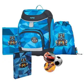 OXY BAG Schulranzen 5-teilig Robot & ergonomischer Schulrucksack mit Federmappe, Turnbeutel, austauschbaren Patches, reflektierende Schultasche für 1.-3. Klasse