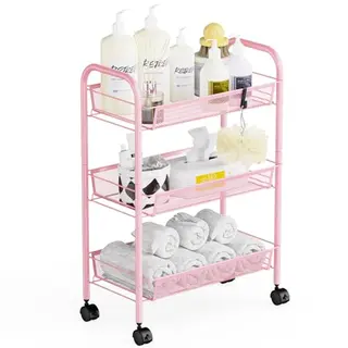 WELDUN Rollwagen mit 3 Ebenen – Metall Regal auf Rollen für Küche, Badezimmer, Schlafzimmer, Büro – Pink