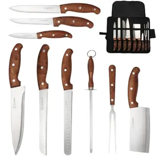 Wodillo® 9-teiliges Outdoor-Kochset mit rostfreiem Spezialstahl, scharf, inkl. Brotmesser, Fleischgabel und Messerschärfer, Rot-Braun Holzgriff