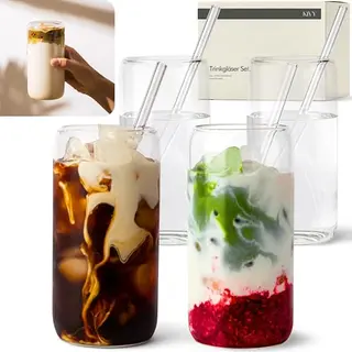 KIVY Trinkgläser Set mit Strohhalm - 4x 450ml Eiskaffee, Wasser & Smoothie Gläser