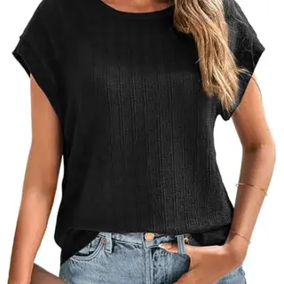 Cuptacc Damen Sommer Bluse Kurzarm Top Rundhalsausschnitt Schwarz, Größe M