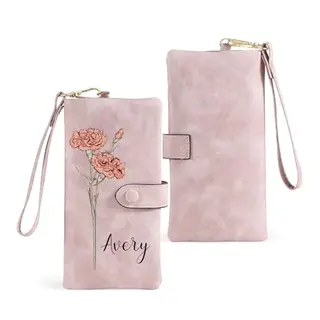 Personalisierte Damen Geldbörse mit Namen, Geburtsblume & Handschlaufe, PU-Leder, Kartenfächer, Reißverschluss-Münzfach, Geschenk für Mama, Frau, Tochter (Rosa)