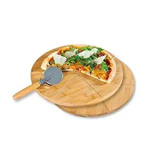 Kesper Pizzateller-Set mit 2 Teilen und Pizzaschneider aus FSC®-zertifiziertem Bambus, ø 32 cm, Braun