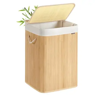 SONGMICS Wäschekorb 95L mit Deckel, Bambus, Griffen, herausnehmbarer Waschesack, faltbar, naturfarben