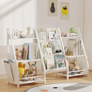 Kinder Bücherregal in Weiß, 127x72 cm, mit 6 Fächern und 3 Ablagen für Bilderbücher und Spielzeug