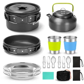Odoland Camping Geschirr Set 17-teiliges Kochset mit 0.8 L Teekessel, Campingbesteck und Becher, leichtes Aluminium, faltbares Kochgeschirr für Outdoor