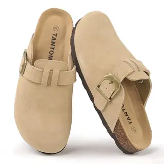TANTOMI Damen Hausschuhe, Wildleder Clogs, rutschfest, Leder mit Fußgewölbe, Weiches Kork-Fußbett, Gr.36 EU