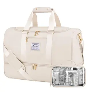 LOVEVOOK Sporttasche für Damen, Wasserdichte Weekender Reisetasche mit Schuhfach und Kulturtasche, Beige