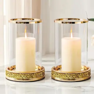 Kristall-Kerzenhalter, Glaskerzenhalter mit gehärtetem Glas, Hurrikan für Hochzeit & Deko, Gold, 2 Stück