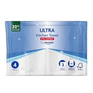 Amazon ULTRA Küchenrolle, extra saugfähig, 4 Rollen, 45 Blätter pro Rolle, FSC-zertifiziert