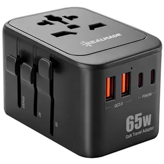 Realmade 65W Reiseadapter mit PD-Schnellladung, 5 Ports (1 Netz, 2 USB-A, 2 USB-C), Schwarz
