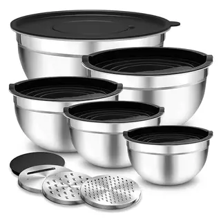 Daitore Rührschüssel 5er Set aus Edelstahl, luftdicht deckelbar, mit 3 Reiben, stapelbar, Volumen: 4,5 L, 2,7 L, 1,6 L, 1,1 L, 0,7 L