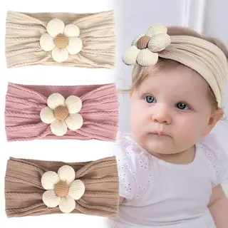 3 Stück Baby-Stirnbänder für Mädchen – Weiche Blumen-Haarbänder in Beige, Rosa und Khaki für Neugeborene und Kleinkinder