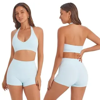 IDOPIP Damen Sport-Set Neckholder Zweiteiler, Rückenfrei, Hochtaillierte Shorts, V-Ausschnitt, Po-formend, Blau, Größe S
