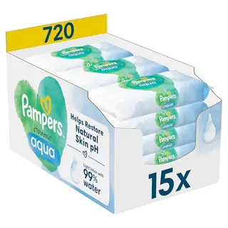 Pampers Harmonie Aqua Feuchttücher, 15 Packungen à 48 Tücher, 720 Tücher insgesamt