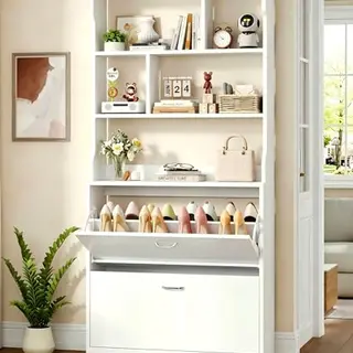 IRONCK Schuhschrank mit 2 Klappen, hohe Schuhkommode aus Holz, 24x80x165cm, weiß, mit verstellbaren Trennwänden