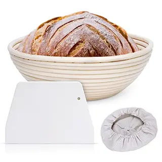 Clheatky Gärkörbchen rund, 23 cm - Peddigrohr Brotform mit 1 Leineneinsatz und Schaber