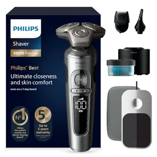 PHILIPS Rasierer S9000 Prestige - Elektrischer Nass- und Trockenrasierer mit SkinIQ, Bartstyler, Reinigungsstation und Qi-Ladepad