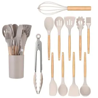 LiangYuanZen Küchenutensilien-Set, 12 Teile, Silikon & Holzgriffe, hitzebeständig, antihaftbeschichtet, spülmaschinenfest, Khaki