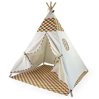 Hej Lønne Kinder Tipi Zelt, ca. 120 x 120 cm, mit buntem Muster, inkl. Beutel und Anleitung, schadstofffrei, für drinnen und draußen