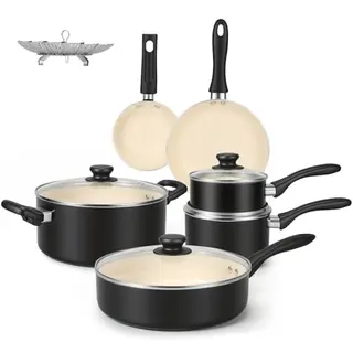 Amazon Basics 11-teiliges antihaftbeschichtetes Kochgeschirr-Set in Schwarz/Creme