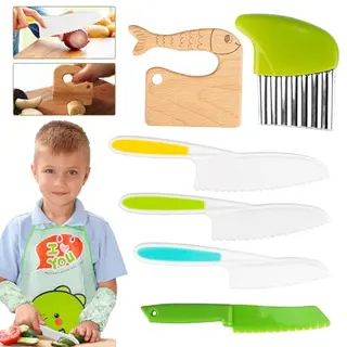 FANTICDE 8-teiliges Kindermesser-Set für Obst und Gemüse mit Holzmesser und Kinderschürze
