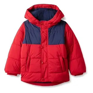 Amazon Essentials Jungen Winter Pufferjacke mit Kapuze, Marineblau/Rot, 3 Jahre