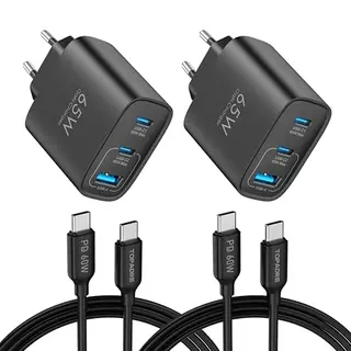 TOPADRE 65W USB C Ladegerät 2er-Pack mit 2M Kabeln - Schnellladegerät für MacBook, iPad und iPhone, Schwarz