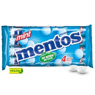 Mentos Kaubonbons Mint, Dragees für frischen Atem, Multipack mit 4 Rollen, vegan