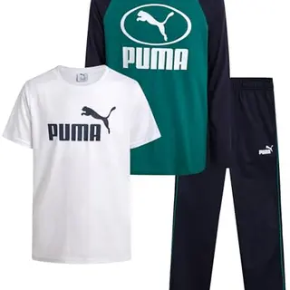 PUMA Jungen-Sweathosen-Set – Fleece-Pullover, T-Shirt und Jogginghose, Sportbekleidung für Kinder, Weiß/Grün, 10-12
