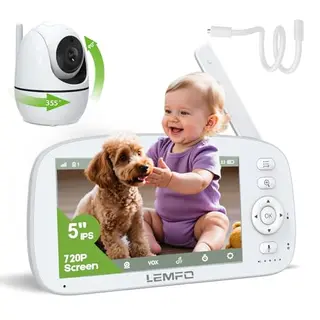 LEMFO Babyphone mit Kamera 5 Zoll, Akkubetrieben, Nachtsicht, Geräusch- und Temperaturerkennung, Zwei-Wege Audio, 293m Reichweite