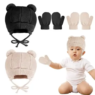 PEUTIER 2 Sets Wintermütze und Handschuhe für Kleinkinder, warme Baby-Strickmützen und Fleece-Fäustlinge (Khaki, Schwarz)